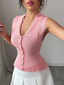 Chiquease French Button Accent Sleeveless Fitted Knit Top - Pink - View 3