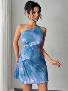 Firerie Váy đi nghỉ thường ngày in họa tiết nhún bèo cổ bất đối xứng cho nữ - Màu xanh ngọc - Xem 3