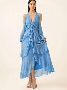 GENKIRA Romantic Italian Style Ruffle Deep V-Neck Ruffle Trim Chiffon Dress, Valentine's Day Elegant FashionableOld Money Style  For Summer - Blue - View 4