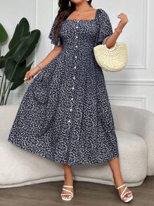 Calvaya Plus Size Women's Ditsy Floral Print Square Collar Buttoned Dress Maxi Women Outfit