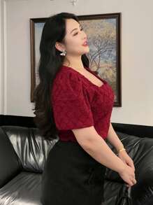 Dazy Plus Plus Size Textured Square Neck Puff Sleeve Fitted Red T-Shirt Christmas - Burgundy - View 2