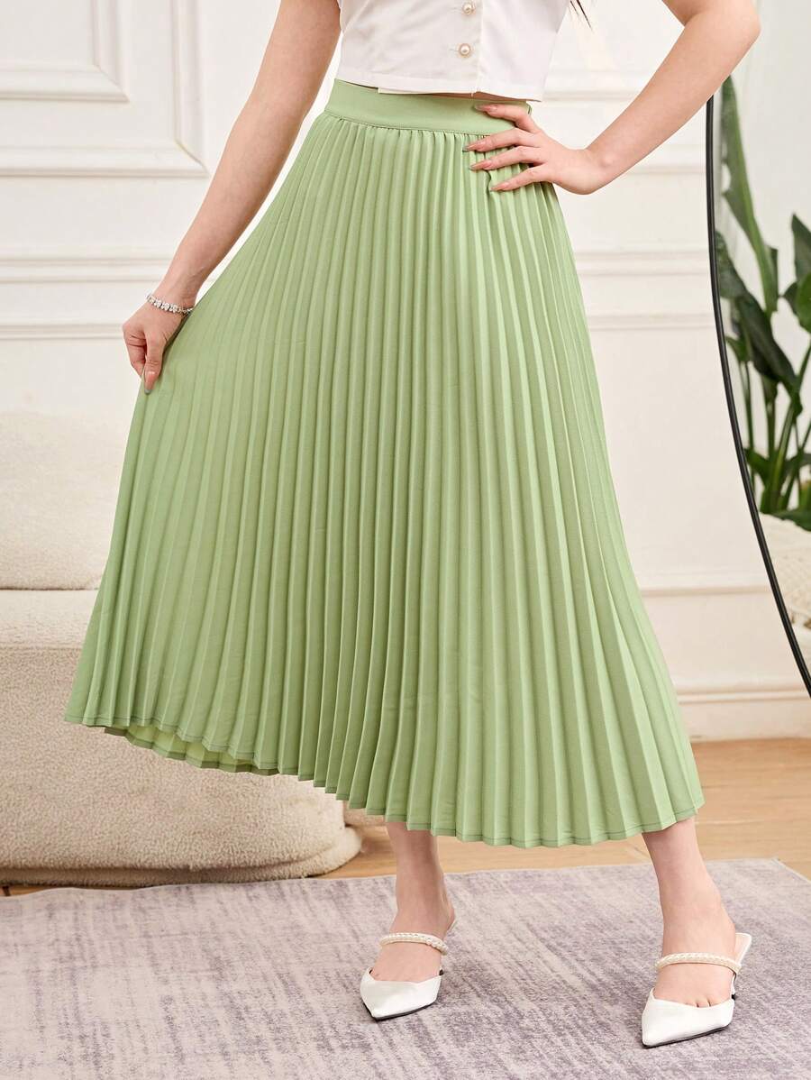 SHEIN 少女绿色百褶裙，百搭、优雅、精致风格，学院风百褶裙 - 綠色 - 查看 1