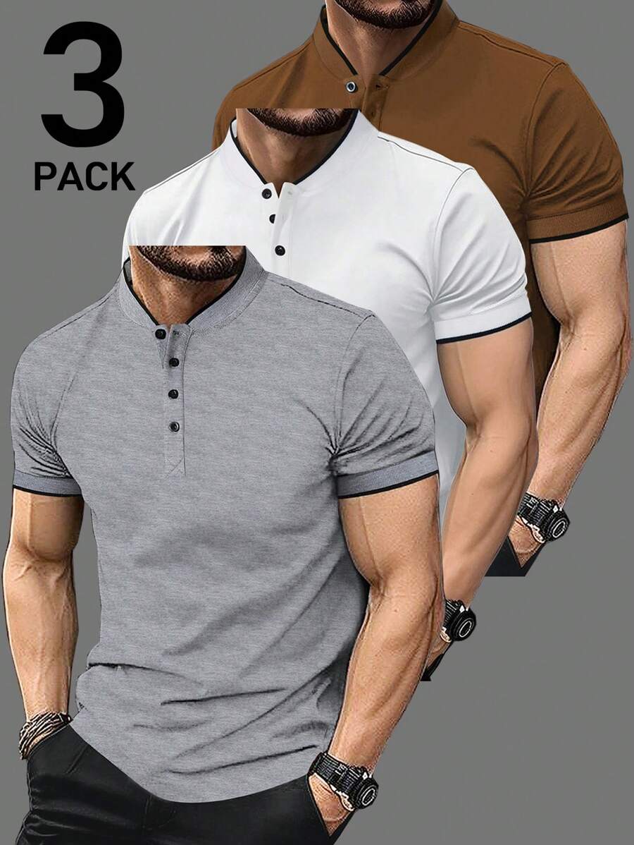 Calvornis 3pcs Set Men's Solid Color Business Polo Shirts For Men Polos For Men, Formal, Ceremony - Multicolor - View 1
