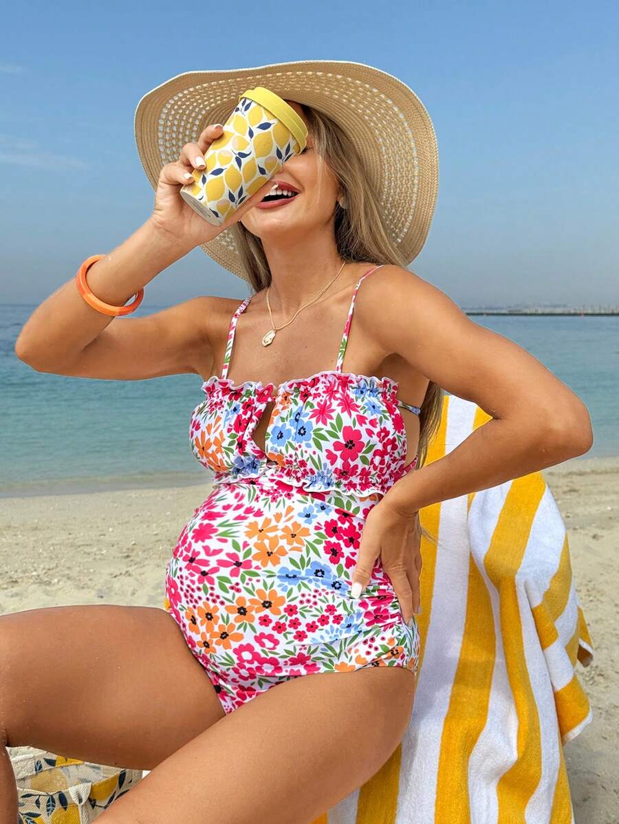 SHEIN Pregnant Women Floral Print Spaghetti Strap One-Piece Swimsuit, Summer Vacation Beach
