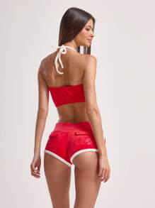 MUSERA " Sport" Velour Contrast Trim Halterneck Top Active Workout Gym Fall Festival Carnival Summer Spring Holiday - Red - View 3