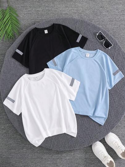 SHEIN 3pcs/Set Kids Tween Boys' Casual Sports Versatile Reflective Stripe Round Neck Loose Knit Short Sleeve T-Shirt, 3 Different Designs, Suitable For School, Garden, Beach, Birthday, Spring, Summer, Autumn, Winter