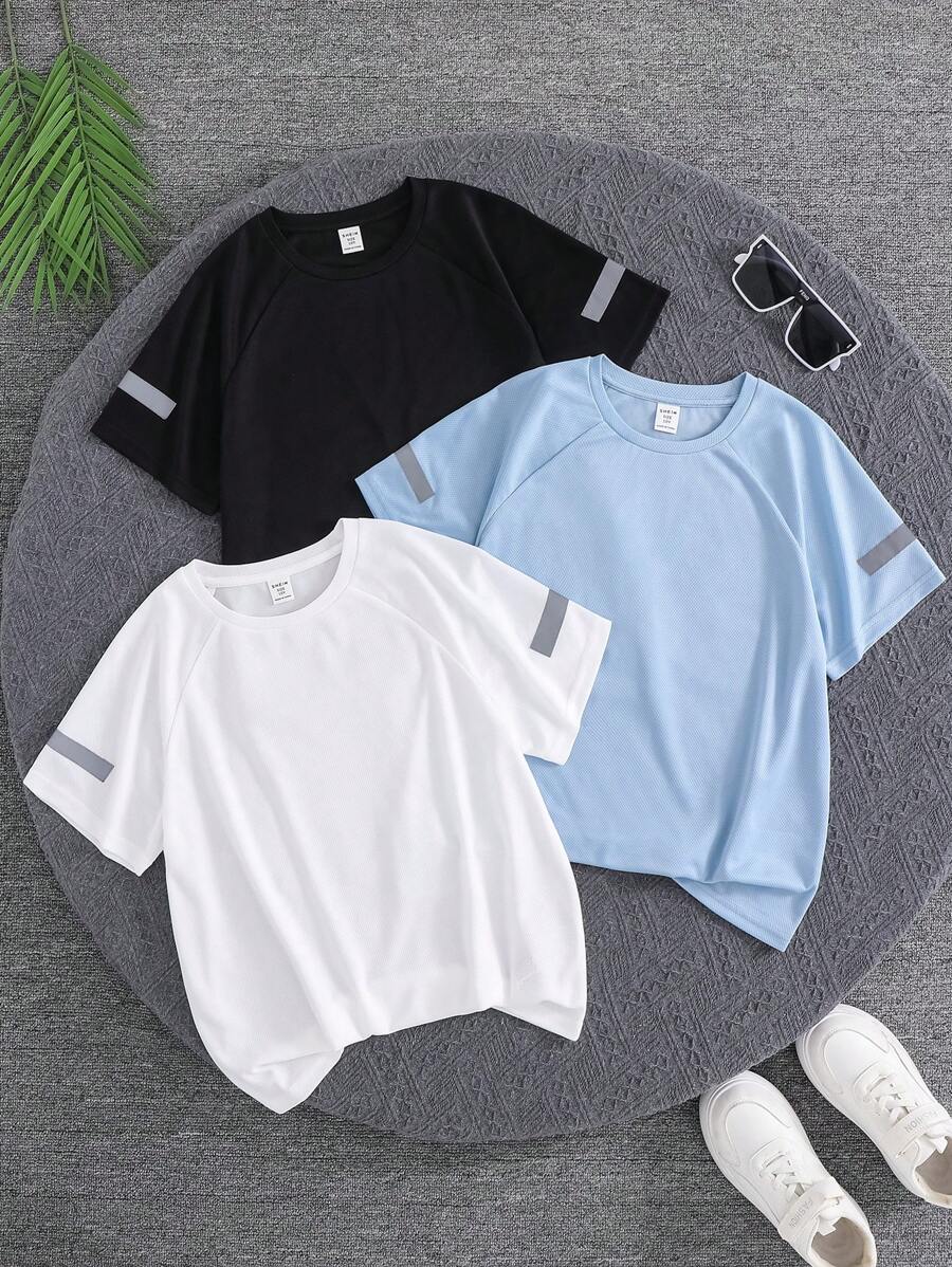 SHEIN 3pcs/Set Kids Tween Boys' Casual Sports Versatile Reflective Stripe Round Neck Loose Knit Short Sleeve T-Shirt, 3 Different Designs, Suitable For School, Garden, Beach, Birthday, Spring, Summer, Autumn, Winter - Baby Blue - View 1