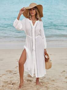 Swim Vcay Women's Summer Beach Vacation Solid Color Split 3/4 Sleeves, Lace Patchwork Fringe Tie Front Buttoned Casual Dress