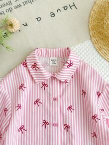 SHEIN LMoss Kids 女婴蝴蝶结装饰条纹休闲衬衫 - 粉色 - 查看 6