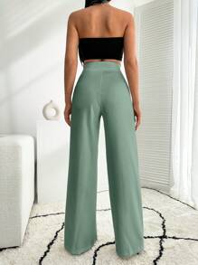 EURMUSE White Wide Leg Pallazzo Pant With Button Detail - Mint Green - View 2