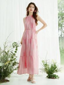 SHEIN LUNE 女款2025夏季度假扎染纹理印花无袖连衣裙 - 粉色 - 查看 1