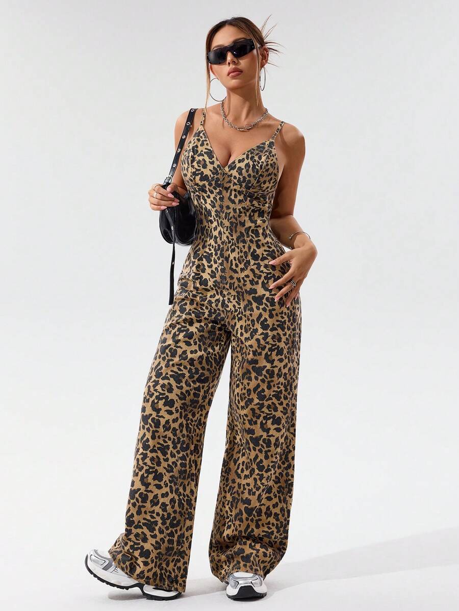 SHEIN EZwear 女士豹纹性感牛仔连体裤 - 彩色 - 查看 1