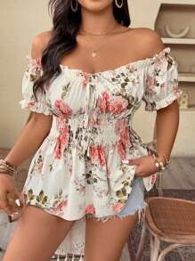 Weeklong 大码女式露肩束腰花卉印花优雅时尚衬衫上衣，适合约会、旅行等，春夏季 - 彩色 - 查看 6