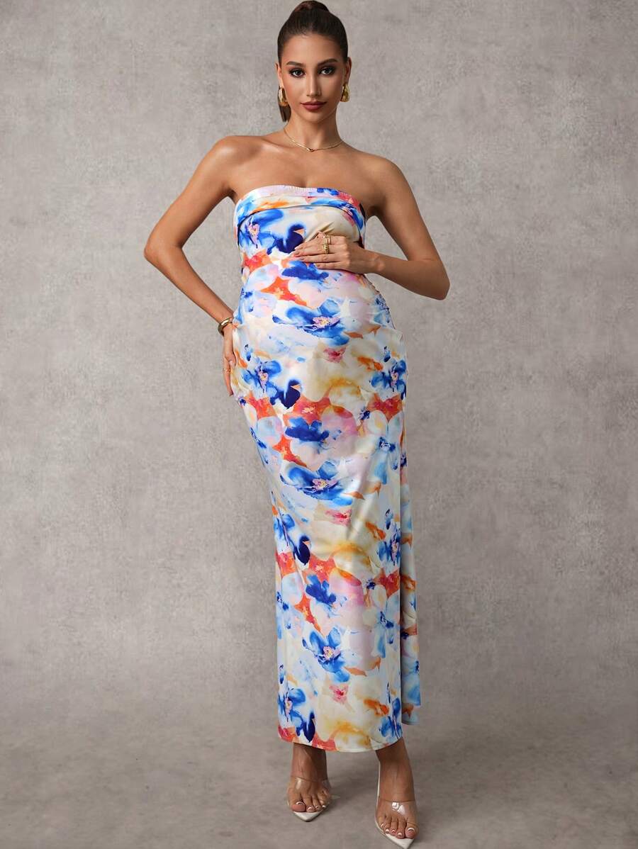 MaterniChic Elegant Strapless Floral Maternity Maxi Dress: Woven Fabric, Sleeveless, Backless Design, And Long Length For A Stylish Pregnancy - Multicolor - View 1