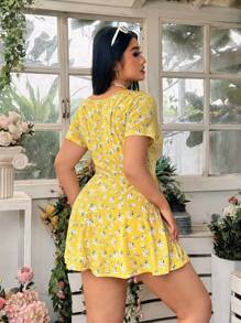 SHEIN EZwear Plus Size Printed Jumpsuit With Built-In Shorts & Pockets, Spring/Summer - Yellow - View 2