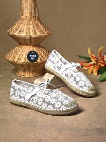 SHUZIA Women Wide Fit Espadrille Flower Embroidery Mesh Bow Maryjane Flats - White - View 6