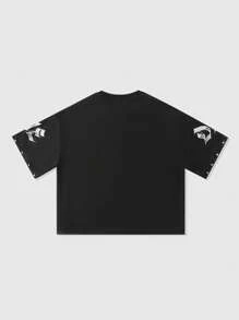 ROMWE MEN Street Life Men's Religious Rhinestone Printed Loose Crop T-Shirt, 2000s Style - Black - View 3