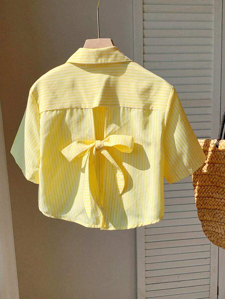 Comfortcana Camisa informal de manga corta con lazo en la espalda a rayas, para vacaciones de verano - Amarillo - Ver 1