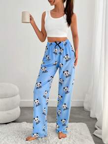 RueChic Women High Quality Soft Touch Viscose Contrast Colour Ribbon With Cute Panda Pattern Lounge Bottom - Blue - View 4