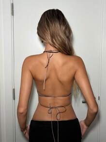 EgrlEra Women's Music Festival Party Rhinestone Backless Halter Neck Cami Top Y2K For New Year Holiday Party - Brown - View 2