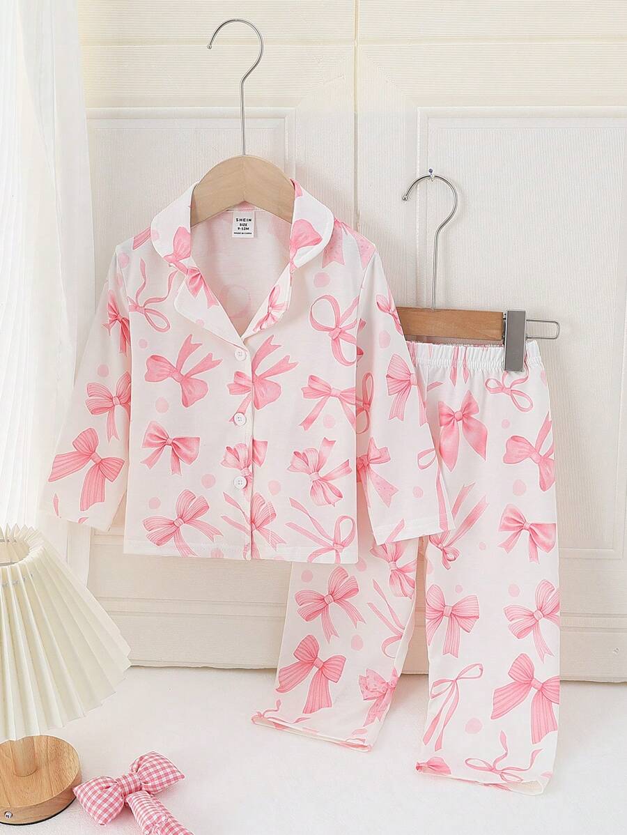 SHEIN 2件套女婴防火数码印花蝴蝶结开衫上衣和裤子舒适休闲家居服套装 - 粉色 - 查看 1