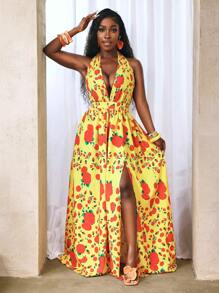 BamGleam Robe longue de soleil sexy avec encolure en V profonde, imprimé floral et fente sur le côté pour femmes - Multicolore - Voir 3