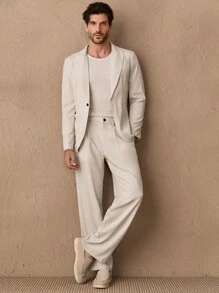 HIMLAND 2 件套男士休闲宽松梭织西装套装亚麻套装男士休闲西装，老式