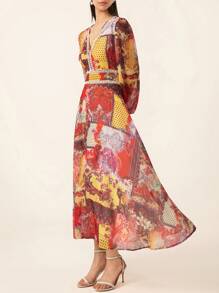 GENKIRA 蕾丝镂空花卉印花雪纺浪漫连衣裙，春夏波西米亚度假时尚风格，适合春秋季节 - 彩色 - 查看 4