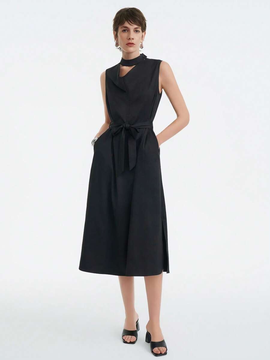 SHEIN LUNE Stand Collar Sleeveless Asymmetric Neckline Design Simple Tie-Waist Loose Dual Wear Dress With Side Slits, New For Spring/Summer - Black - View 1