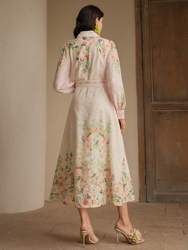 French Single-Breasted Lantern Sleeve Turndown Collar Belted Loose Floral Print Maxi Dress, Spring Outfits For Women