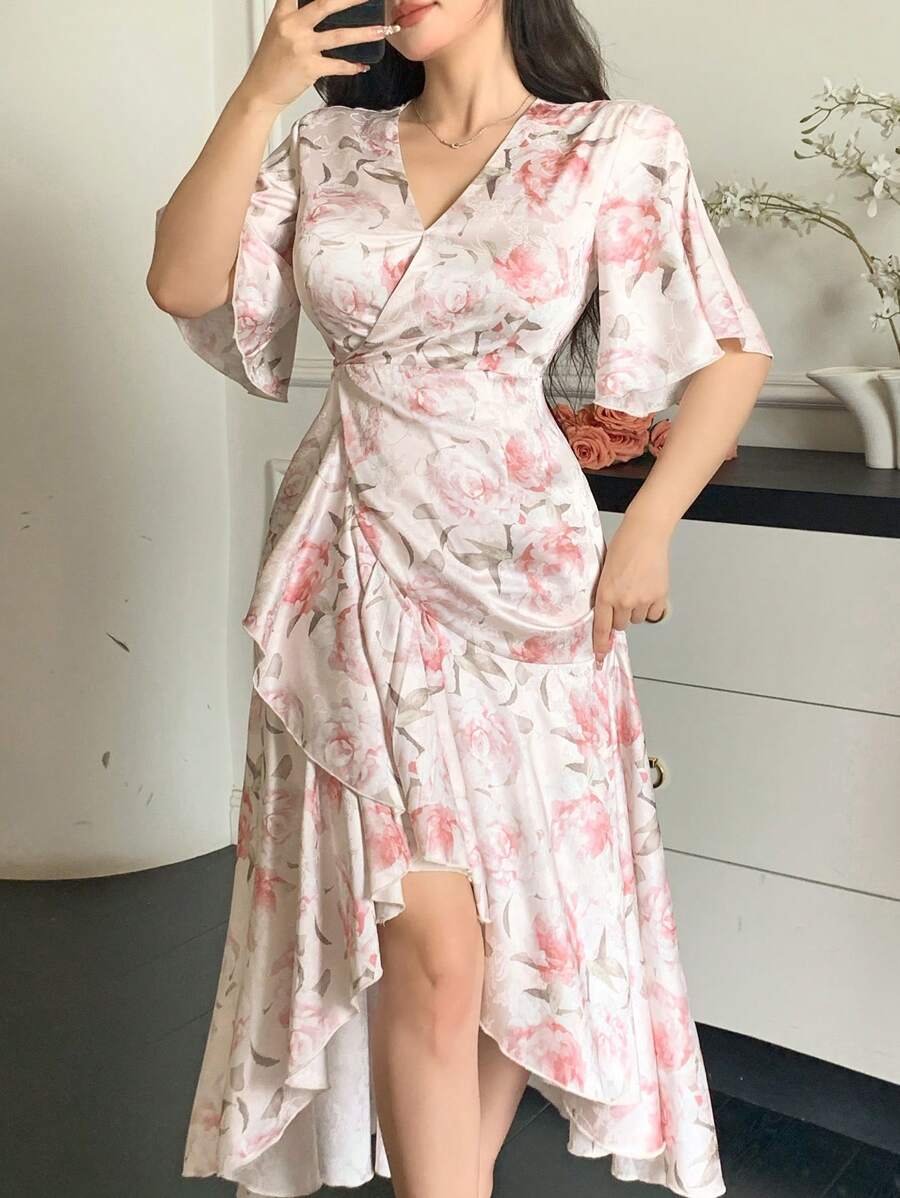 DAZY Asymmetric V-Neck Floral Print Ruffle-Sleeve Long Dress For Women - Pink - View 1