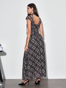 ROMWE J-Fashion Y2K Korean Cute Plaid Pattern Ootd Mesh Dress