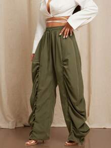 Vixey 褶皱阔腿抽绳腰部编织休闲办公裤，商务休闲女士，女士早午餐装 - 綠色 - 查看 4