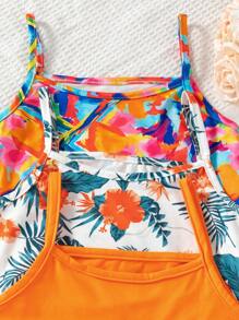 SHEIN 3pcs/Set Girls'Elegant Holiday Style Tie-Dye,Tropical Leaf,Butterfly Print Cami Dress,Orange,White,Pinkandyellow,Tropical,Summer,Beach,Vacation - Multicolor - View 5