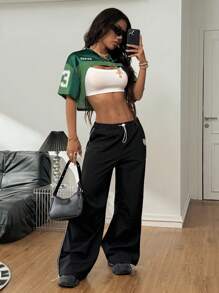 Coolane Women's Mesh Spliced Satin Print Short Sleeve Cropped Green Top - Green - View 4