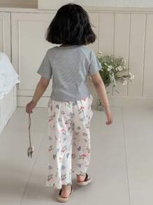 DAZY Young Girls Round Neck Knit Short Sleeve T-Shirt + All-Over Print Long Pants Home Set, Spring/Summer - Light Grey - View 6