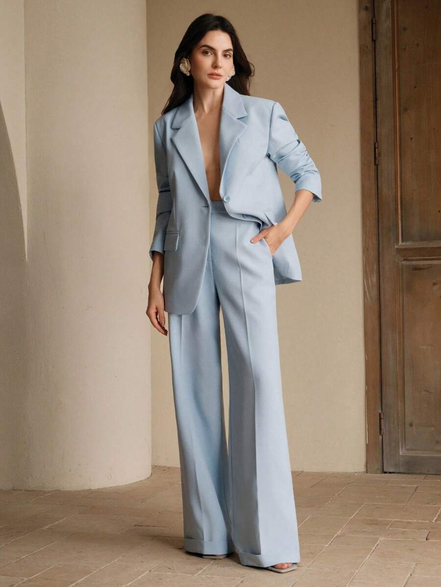 Anewsta 女士优雅纯色纽扣式西装外套和长裤套装，适合婚礼宾客 - 薄荷藍 - 查看 1