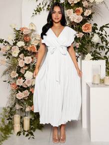 Loomaby Vestido midi elegante de unicolor con cuello en V, mangas con volantes y plisado para maternidad - Blanco - Ver 6