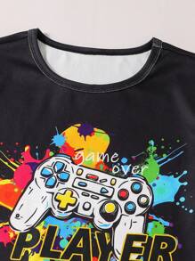 SHEIN Tween 男孩夏季夜光游戏控制器印花短袖上衣和短裤 2 件套紧身睡衣套装 - 黑色 - 查看 5