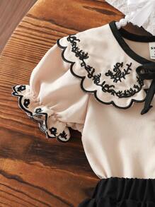 Souflis Souflis Summer New Baby Girls Vintage Embroidered Peter Pan Collar Short Sleeve Blouse + Black Skirt 2-Piece Set - Khaki - View 5