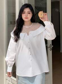 Dazy Plus Contrast Mesh Collar Pullover Long Sleeve White Shirt