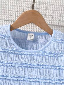 SHEIN 2 件套青少年女孩休闲优雅度假套装，蓝色 T 恤，纹理面料短袖和白色蝴蝶结网眼裙，适合上学、郊游和度假，春夏季 - 彩色 - 查看 6