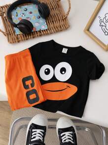 SHEIN Baby Jungen Cartoon Pinguin Grafik T-Shirt & Hose 2 Stücke Set, für Baby Jungen und Baby Mädchen