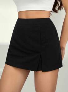 SHEIN Tall 女士夏季休闲纯色侧开叉迷你裙短裤 - 黑色 - 查看 6