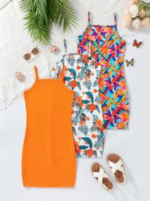SHEIN 3pcs/Set Girls'Elegant Holiday Style Tie-Dye,Tropical Leaf,Butterfly Print Cami Dress,Orange,White,Pinkandyellow,Tropical,Summer,Beach,Vacation - Multicolor - View 2