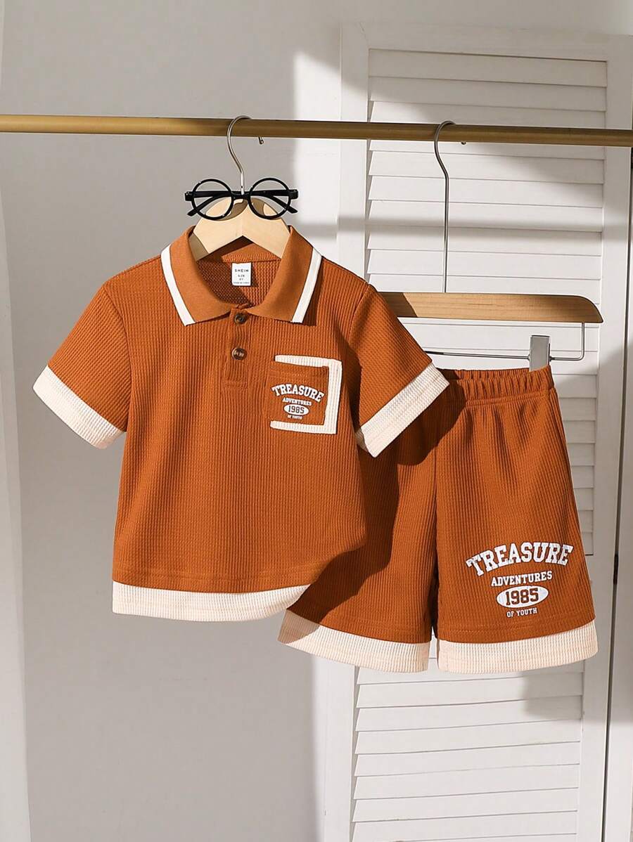 Young Boys Letter Print Casual Simple Round Neck Short Sleeve T-Shirt And Shorts Set - Multicolor - View 1