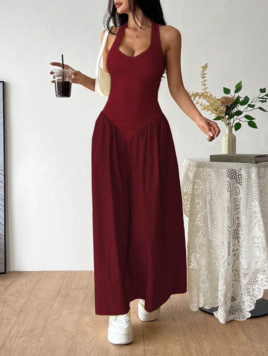 SHEIN Unity Deep V-Neck Sexy Halter Tie-Up Pleated Waist Dress - Red - View 1