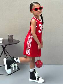 SHEIN Young Girl Knit Letter Pattern Crew Neck Sleeveless Fitted Casual Dress - Red - View 2