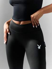 Missguided x Playboy High Waisted Athletic Workout Leggings Compression Activewear Gym Pants With Chic Logo Detail Running Fitness Essential - Black - View 4