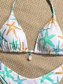 Swim Mod 2 件套夏季假日随机印花罗纹纹理面料贝壳装饰三角上衣和高腰三角裤性感比基尼泳装 - 彩色 - 查看 3